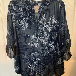 Chico's Blue Floral Women's Top with adjustable sleeves size M EUC